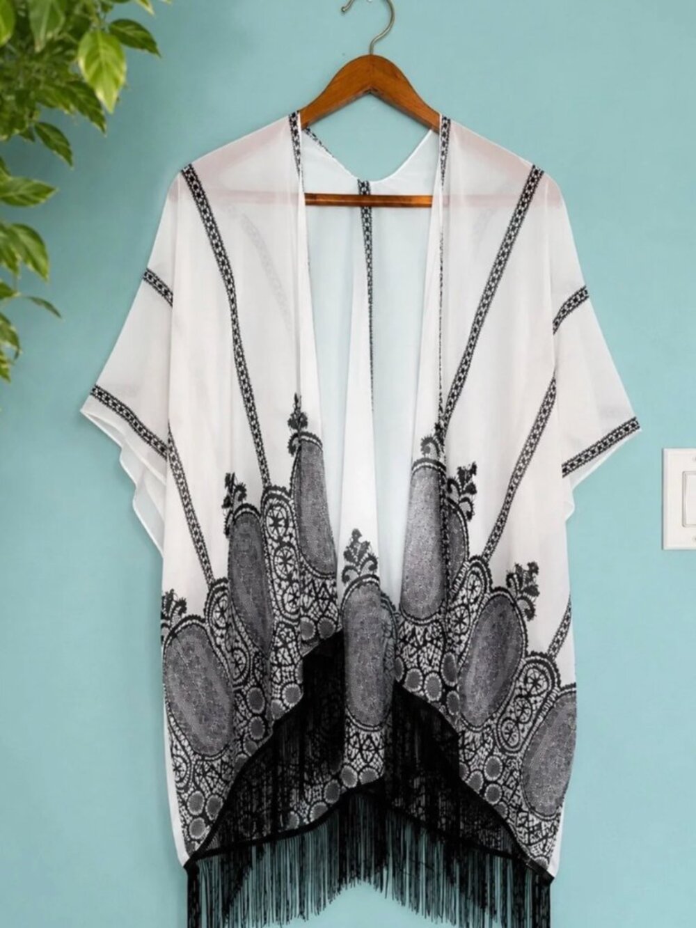 Whimsigoth Sheer Fringe Lace Print Kimono Duster